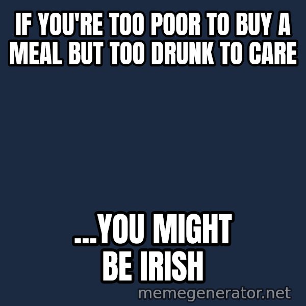Grumpy Irish Cat meme: if you're too poor to buy a meal but too drunk to care / ...you might be irish