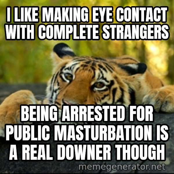 Confession Tiger meme: I Like making eye contact with complete strangers / being arrested for public masturbation is a real downer though