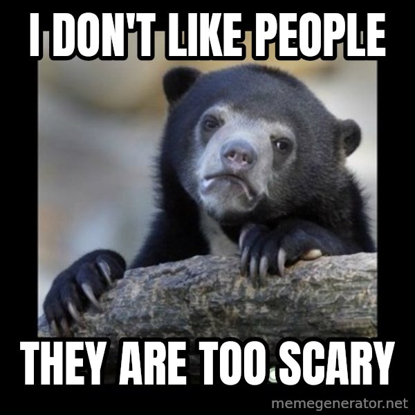 sad bear meme: I don't like people / They are too scary
