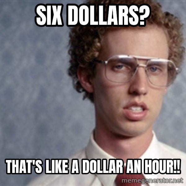 Napoleon Dynamite meme: Six dollars? / That's like a dollar an hour!!