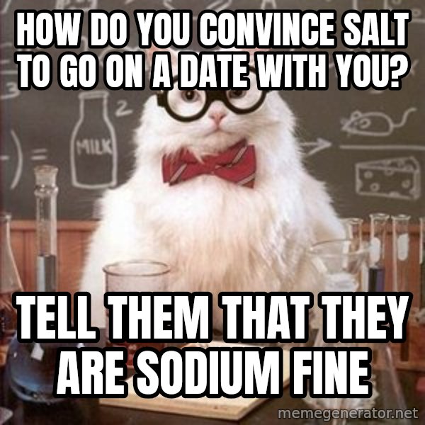 Chemistry Cat meme: how do you convince salt to go on a date with you? / Tell them that they are sodium fine