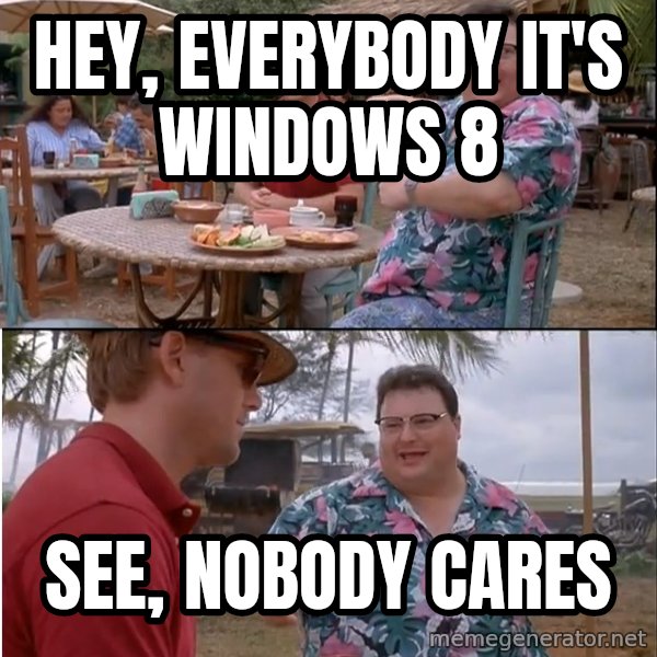 See? Nobody Cares meme: HEY, everybody it's windows 8 / See, nobody cares