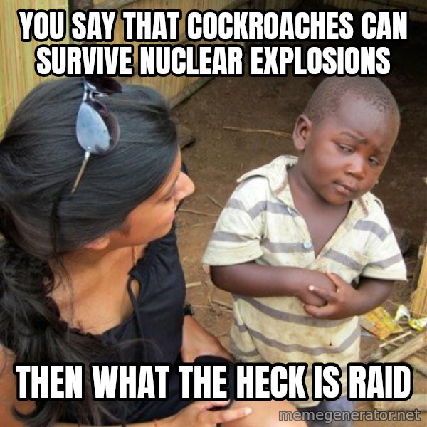 skeptical black kid meme: You say that cockroaches can survive nuclear explosions / Then what the heck is raid