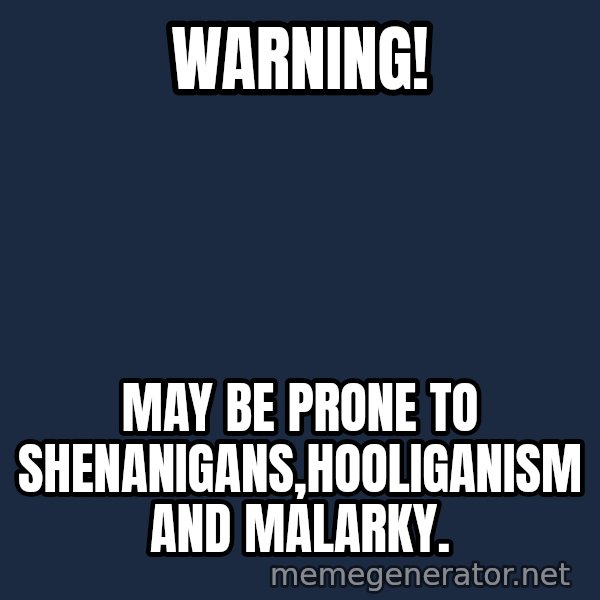 Grumpy Irish Cat meme: warning! / may be prone to shenanigans,hooliganism and malarky.