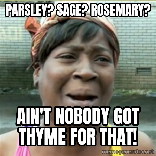 Ain't Nobody got time fo that meme: parsley? sage? rosemary? / ain't nobody got thyme for that!