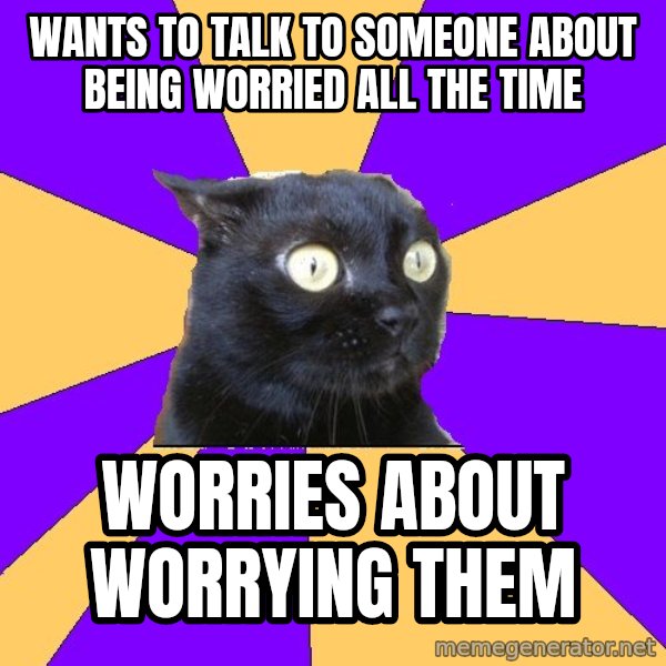 Anxiety Cat meme: WANTS TO TALK TO SOMEONE ABOUT BEING WORRIED ALL THE TIME / WORRIES ABOUT WORRYING THEM