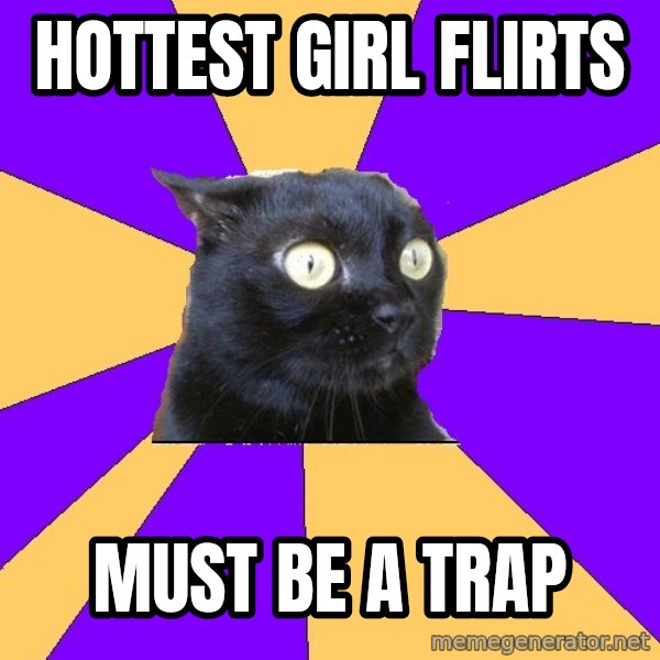 Anxiety Cat meme: hottest girl flirts / must be a trap