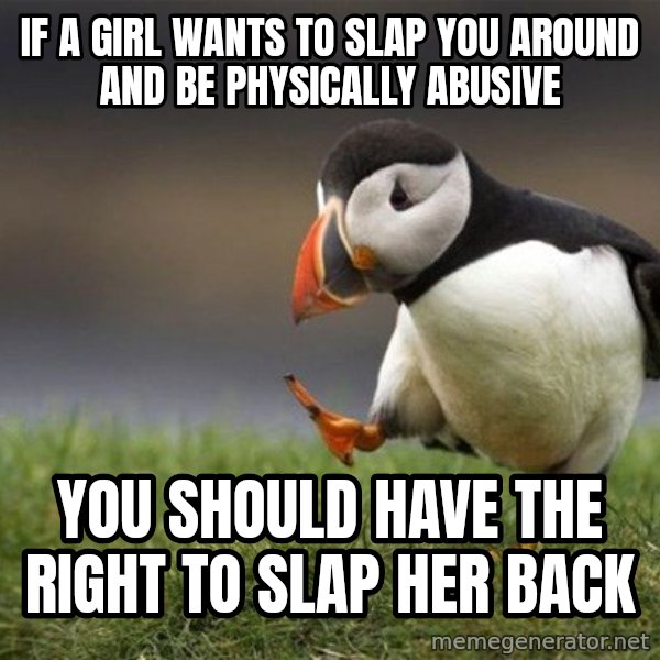 Unpopular Opinion Puffin meme: if a girl wants to slap you around and be physically abusive / you should have the right to slap her back