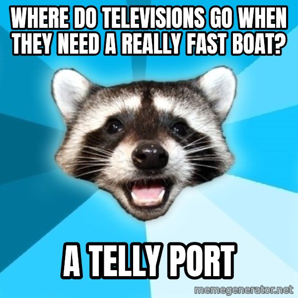 Lame Pun Coon meme: where do televisions go when they need a really fast boat? / a telly port