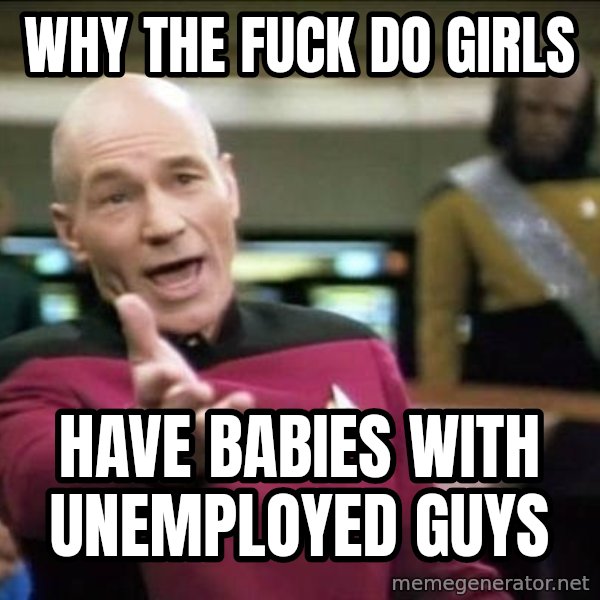 Why the fuck meme: Why the fuck do girls / Have babies with unemployed guys