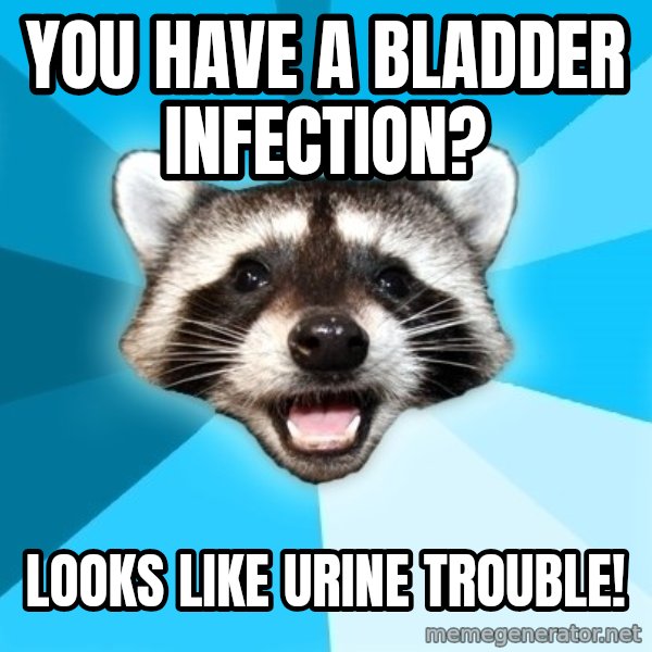 Lame Pun Coon meme: You have a bladder infection? / Looks like urine trouble!