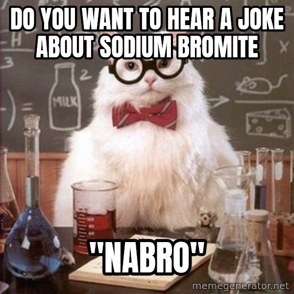 Chemistry Cat meme: Do you want to hear a joke about Sodium Bromite / "NaBrO"