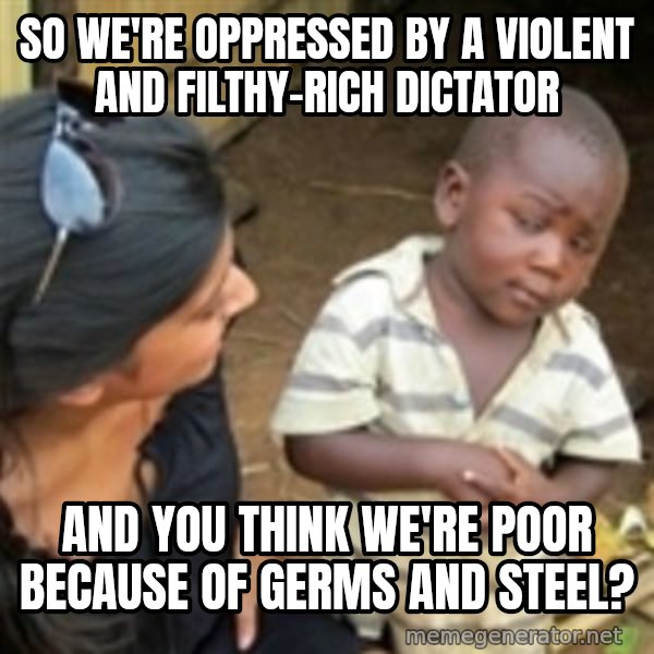 Skeptical african kid  meme: So We're oppressed by a violent and filthy-rich dictator / And you think we're poor because of germs and steel?