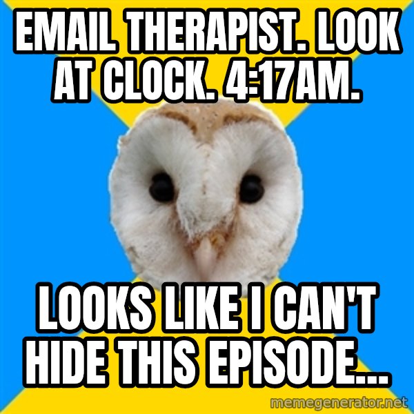 Bipolar Owl meme: email therapist. look at clock. 4:17am. / looks like i can't hide this episode...