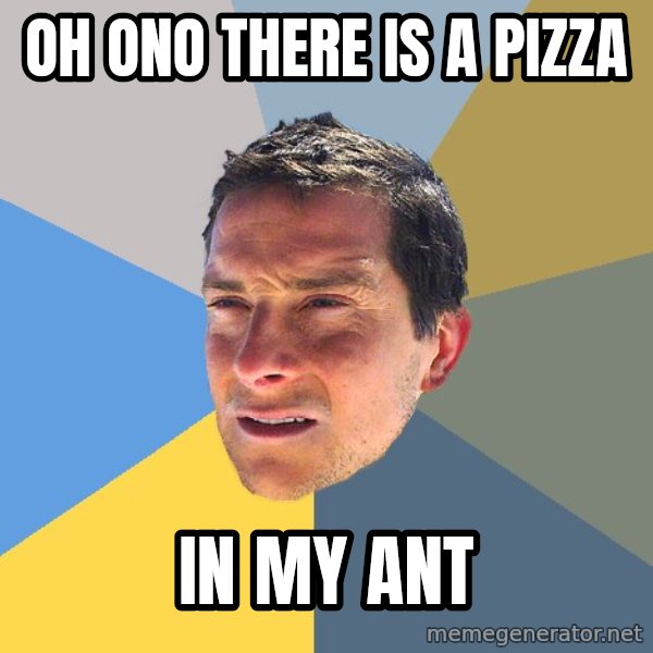 Bear Grylls meme: Oh ono there is a pizza / in my ant