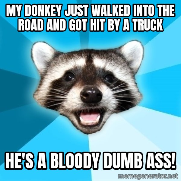 Lame Pun Coon meme: my donkey just walked into the road and got hit by a truck / he's a bloody dumb ass!