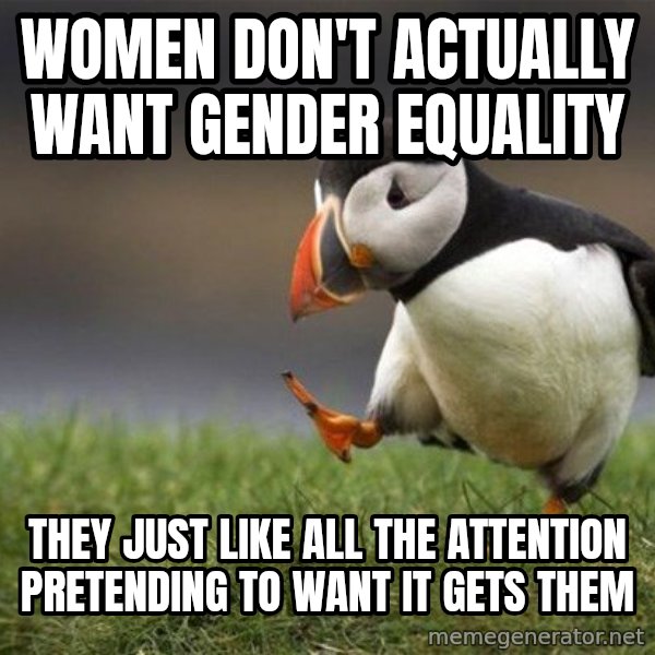 Unpopular Opinion Puffin meme: Women don't actually want gender equality / They just like all the attention pretending to want it gets them