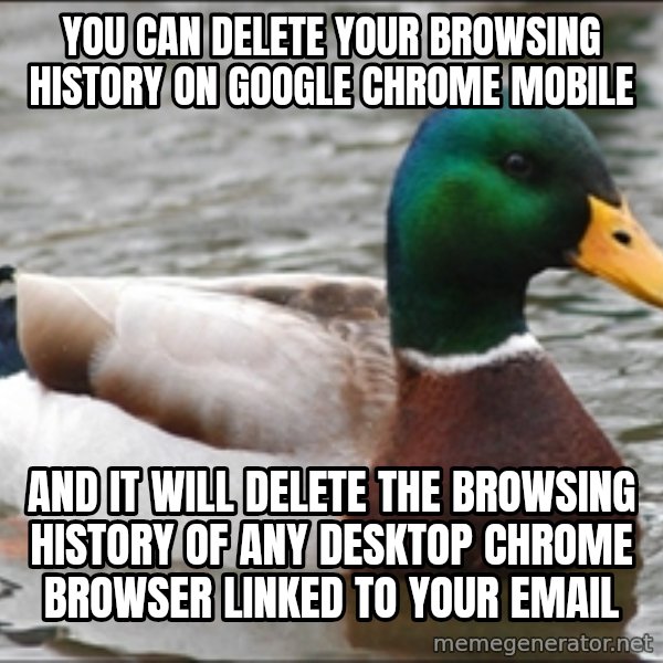 Actual Advice Mallard 1 meme: you can delete your browsing history on google chrome mobile / and it will delete the browsing history of any desktop chrome browser linked to your email