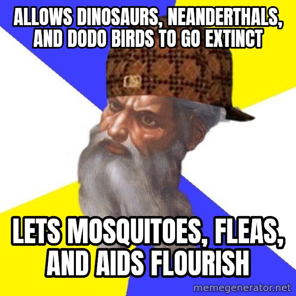 Scumbag God meme: allows dinosaurs, neanderthals, and dodo birds to go extinct / lets mosquitoes, fleas, and aids flourish