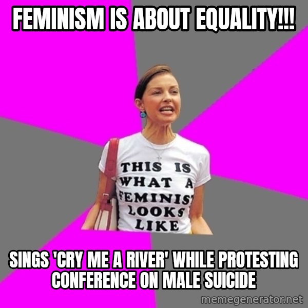 Feminist Cunt meme: feminism is about equality!!! / sings 'cry me a river' while protesting conference on male suicide