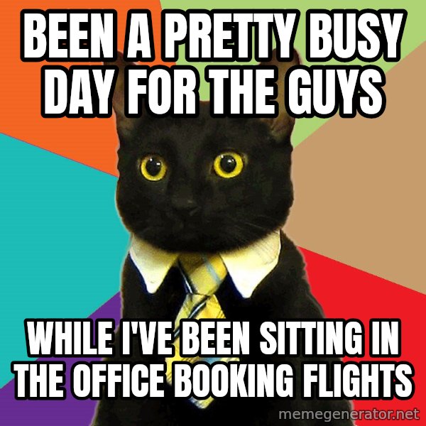 Business Cat meme: been a pretty busy day for the guys / while I've been sitting in the office booking flights