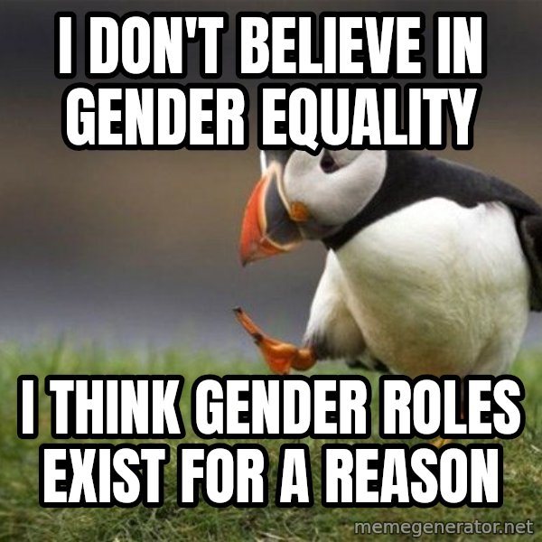 Unpopular Opinion Puffin meme: I don't believe in gender equality / i think gender roles exist for a reason