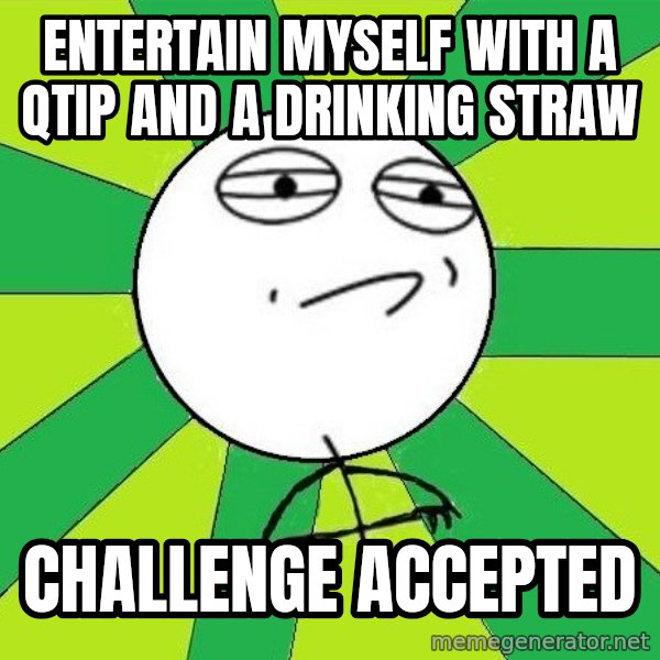 Challenge Accepted 2 meme: Entertain myself with a qtip and a drinking straw / Challenge accepted