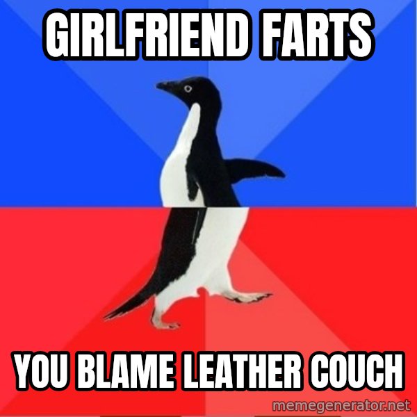 Socially Awkward to Awesome Penguin meme: girlfriend farts / you blame leather couch
