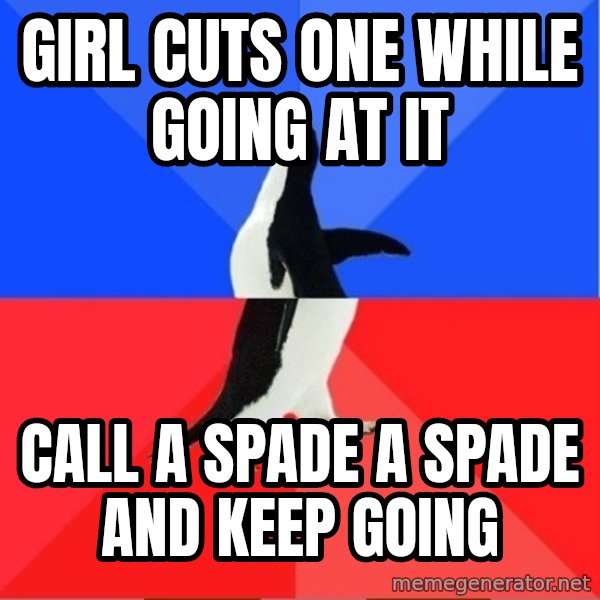 Socially Awkward to Awesome Penguin meme: girl cuts one while going at it / call a spade a spade and keep going