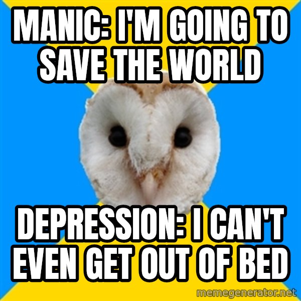 Bipolar Owl meme: manic: i'm going to save the world / depression: i can't even get out of bed