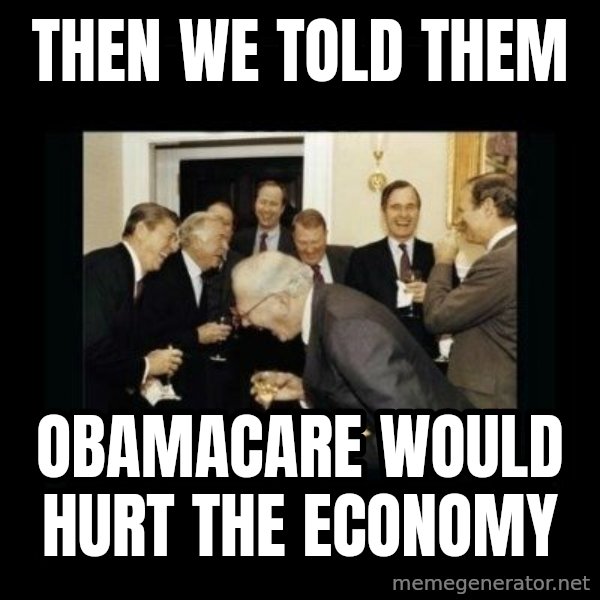 Rich Men Laughing meme: Then we told them / Obamacare would hurt the economy