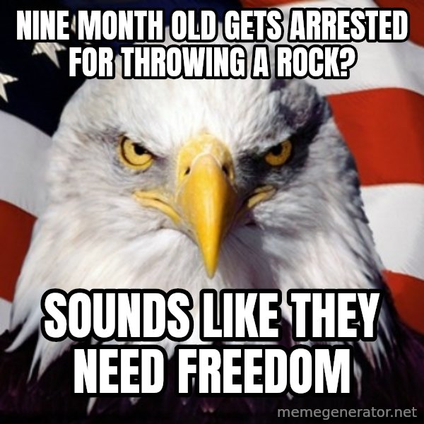 Freedom Eagle  meme: nine month old gets arrested for throwing a rock? / sounds like they need freedom