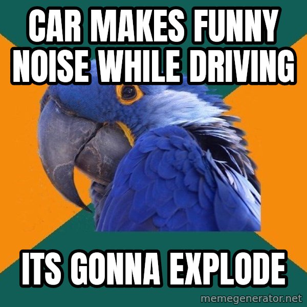 Paranoid Parrot meme: car makes funny noise while driving / its gonna explode