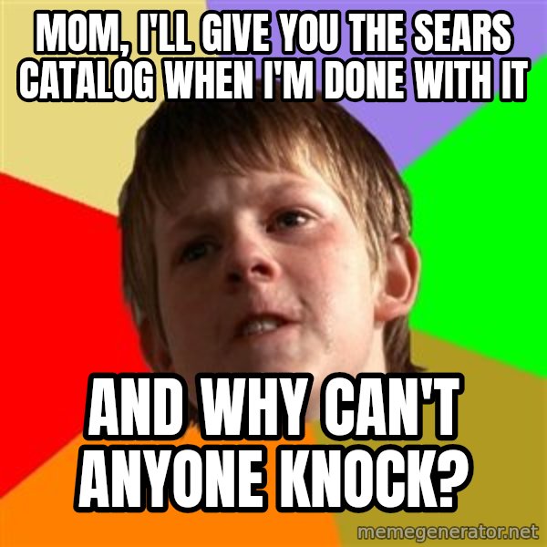 Angry School Boy meme: Mom, i'll give you the sears catalog when i'm done with it / And why can't anyone knock?