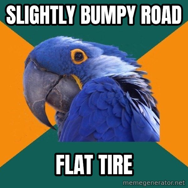 Paranoid Parrot meme: slightly bumpy road / flat tire