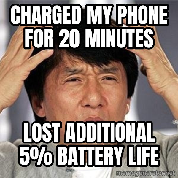 Confused Jackie Chan meme: charged my phone for 20 minutes / lost additional 5% battery life