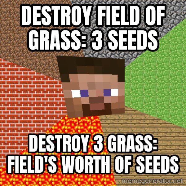 Minecraft Guy meme: Destroy field of grass: 3 seeds / Destroy 3 grass: FIELD's worth of seeds