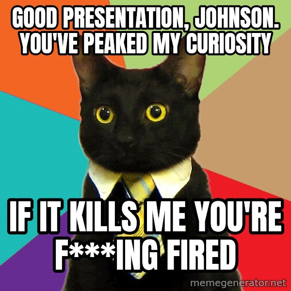 Business Cat meme: GOOD PRESENTATION, JOHNSON. yOU'VE PEAKED MY CURIOSITY / iF IT KILLS ME YOU'RE F***ING FIRED