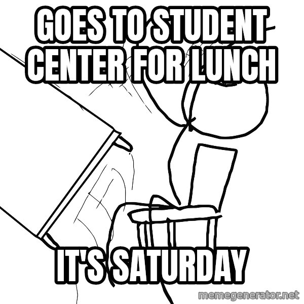 Desk Flip Rage Guy meme: Goes to Student Center for lunch / IT's Saturday