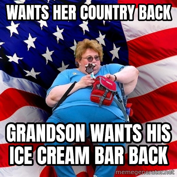 Obese American meme: Wants her country Back / Grandson wants his ice cream bar back