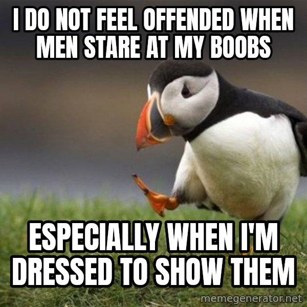Unpopular Opinion Puffin meme: i do not feel offended when men stare at my boobs / especially when i'm dressed to show them