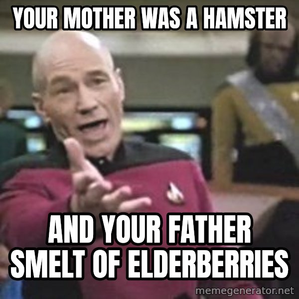 Captain Picard meme: Your mother was a hamster / and your father smelt of elderberries