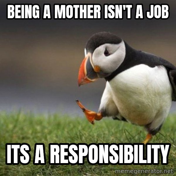 Unpopular Opinion Puffin meme: Being a mother isn't a job / ITs a responsibility