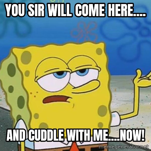 I'll have you know Spongebob meme: You sir will come here.... / And cuddle with me....NOW!