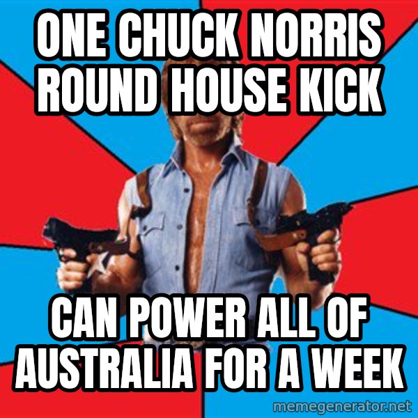 Chuck Norris  meme: ONE CHUCK NORRIS ROUND HOUSE KICK / CAN POWER ALL OF AUSTRALIA FOR A WEEK
