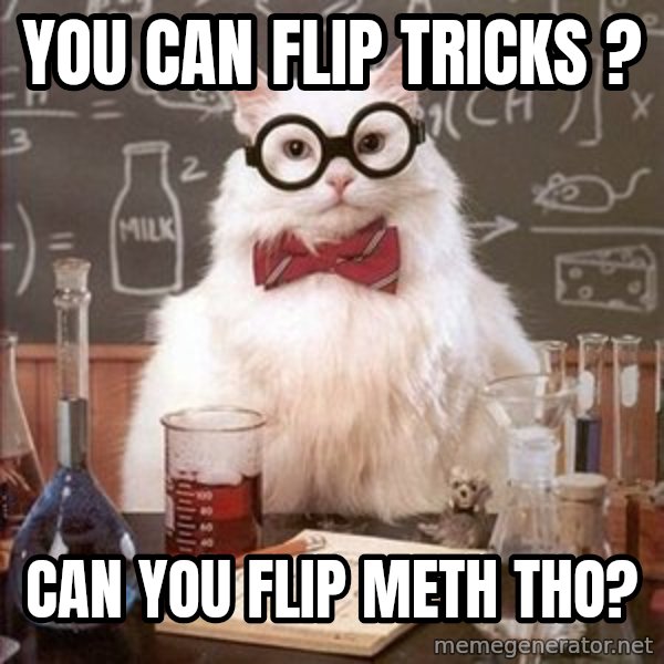 Chemistry Cat meme: You can flip tricks ? / Can you flip meth tho?