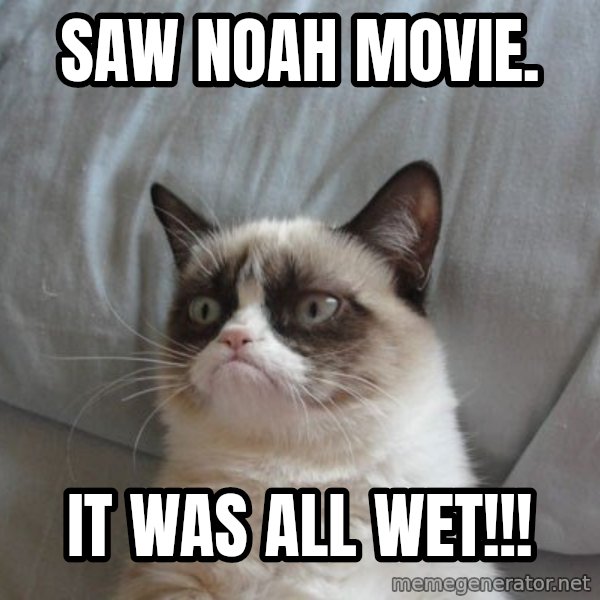 Grumpy cat good meme: Saw Noah movie. / It was all wet!!!