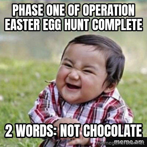 evil plan kid meme: Phase one of operation easter egg Hunt Complete / 2 words: not chOcolate