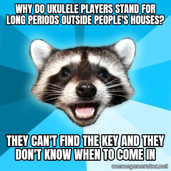 Lame Pun Coon meme: Why do ukulele players stand for long periods outside people's houses? / they can't find the key and they don't know when to come in