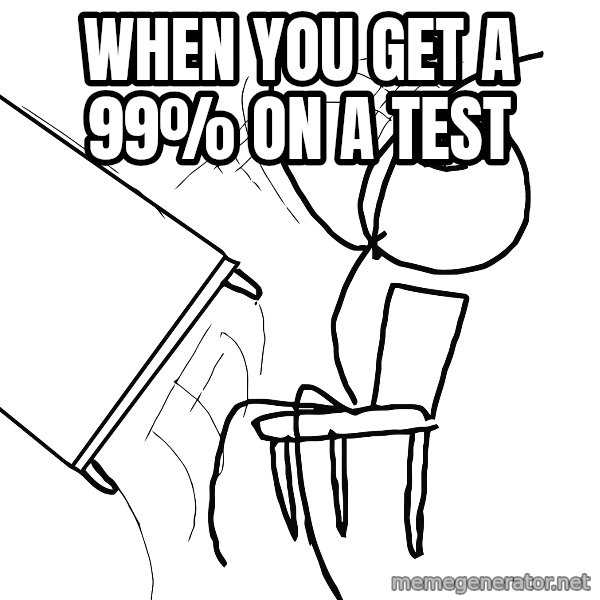 Desk Flip Rage Guy meme: When you get a 99% on a test